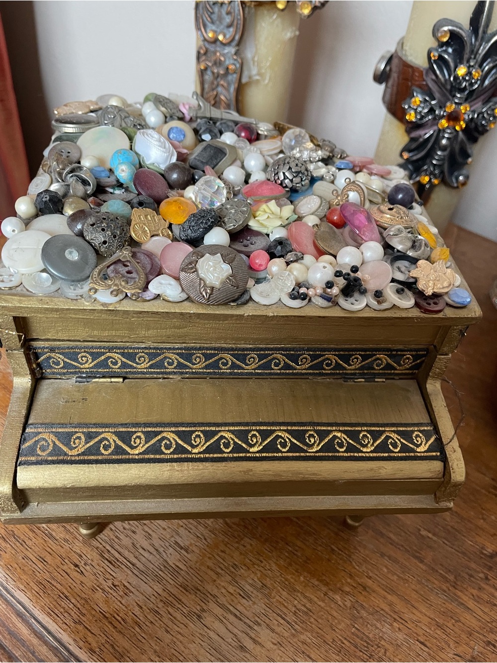 Decorative Gold Piano Jewelry Box with Mixed Pastel Button Accent